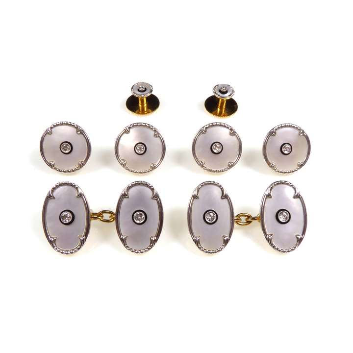 Diamond and mother-of-pearl gentleman's dress set comprising a pair of cufflinks, four buttons and two studs